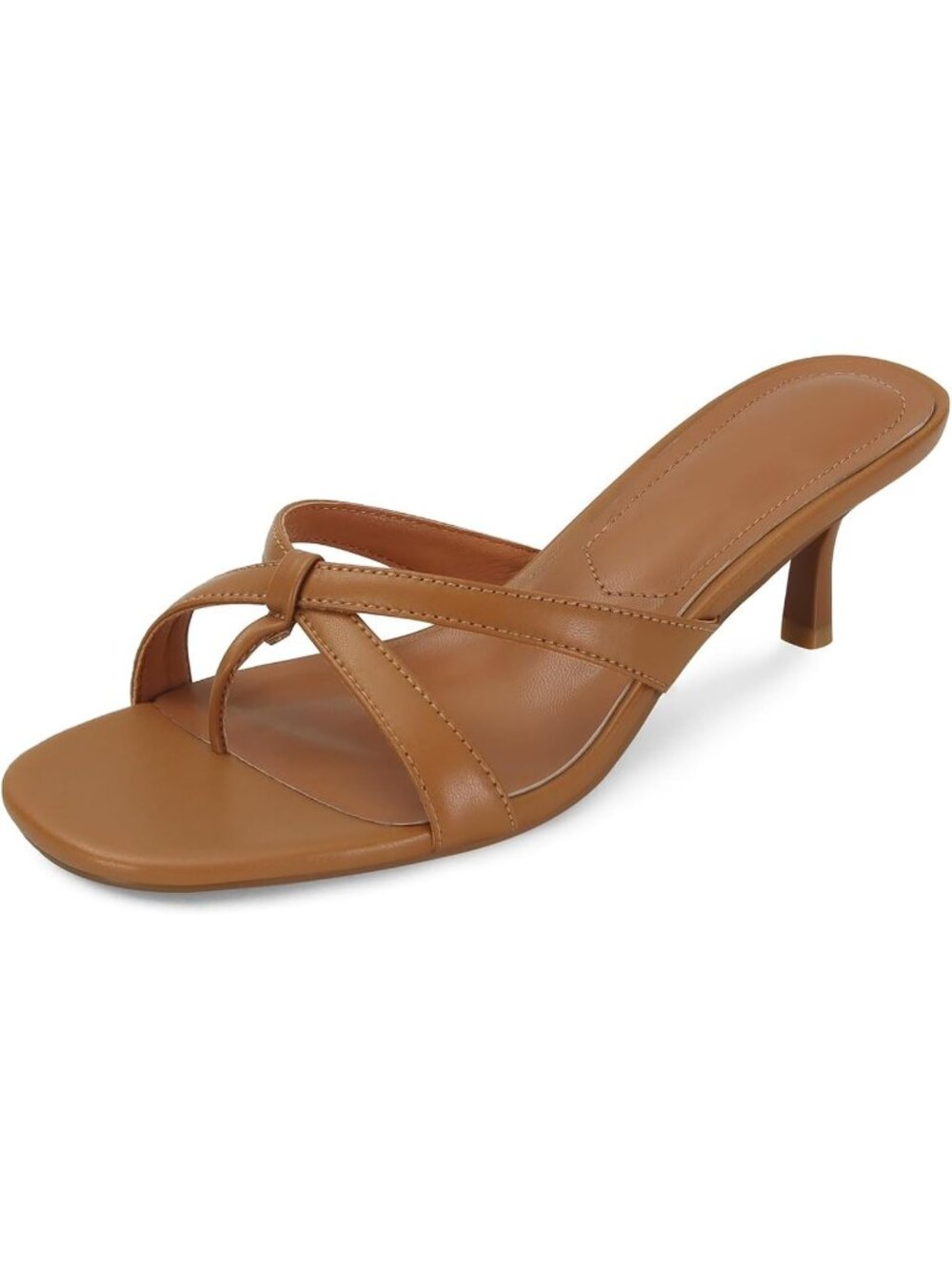Women's Brown Rounded Open-Toe Strappy Kitten Mule Heel Thong Flip-Flop Sandal